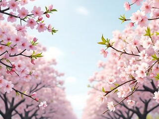 Macro cherry blossom branch in bloom with soft focus on light blue sky background in sunlight with copy space. Beautiful flowers image of spring nature.