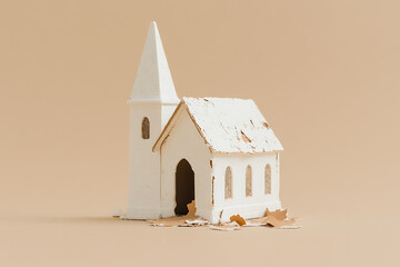 Miniature church model against a neutral backdrop. The white paint is chipped, giving it a rustic, aged feel. Simple architecture.
