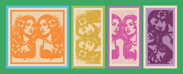  Two Hawaiian young women tropical vintage color dot halftone home decor vector digital art
