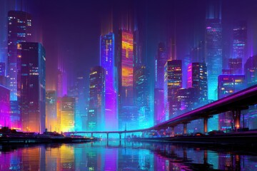 Cyberpunk Bridges and Skyline in Neon City