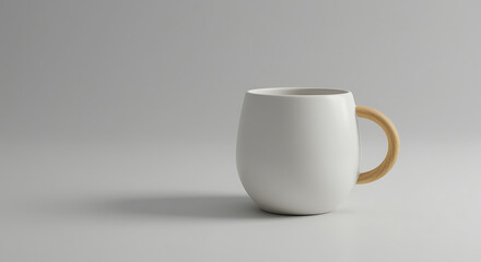 Obraz premium Minimalist White Ceramic Mug with a Natural Wooden Handle, Modern Beverage Container for Hot Drinks, Isolated on a Clean Studio Background