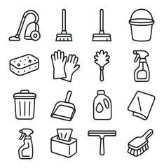 Essential cleaning equipment icons: vacuum, mop, bucket, sponge, gloves, spray bottle, trashcan