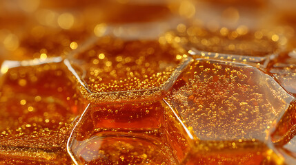 Golden amber hexagonal cells filled with sparkling liquid and tiny bubbles honeycomb