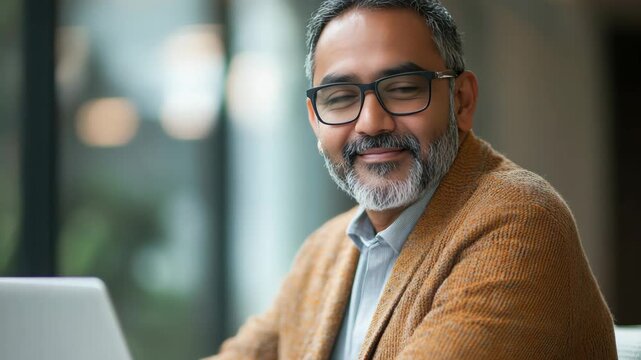 Mature professional man with beard and glasses, sitting at desk in modern office environment. CEO, business leader, creative thinker in front of open laptop on table.