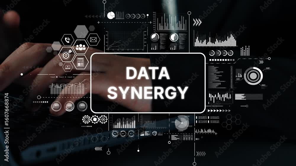 Poster hands on keyboard with digital overlays illustrating concept of data synergy in modern technology en