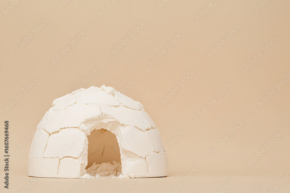 Poster miniature igloo structure: a small, handmade, white structure sits on a pale background, crafted fro