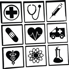 Obraz premium Medical healthcare symbols in black and white squares