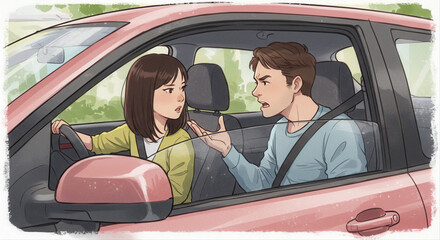 couple arguing in car during a road trip  
