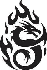 Stylized black dragon silhouette coiled within a tribal fire emblem. Mythical beast vector illustration for tattoo or logo design. a218.eps concept.