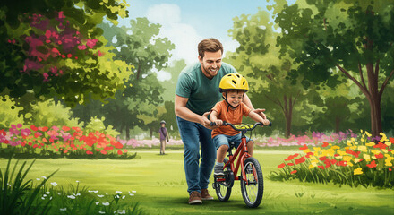 dad showing child how to ride bike. Father assisting young boy learning to ride bike in park garden  