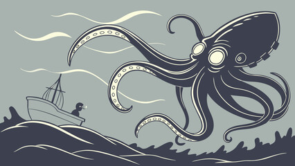 A dramatic vector scene of a colossal squid wrapping its tentacles around a small Boat