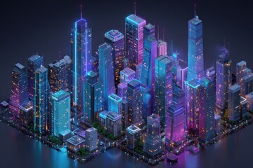 Futuristic smart city skyline at night, glowing skyscrapers with neon blue and purple lights, isometric top view, 3D render, no people,