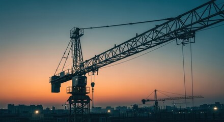 Fototapeta premium Cranes silhouetted against a twilight cityscape, construction in progress