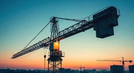 Crane silhouette against vivid sunset sky, urban skyline background