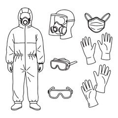 A Collection of Protective Gear Depicting Essential Equipment for Healthcare Workers and Safety Measures during Hazardous Situations