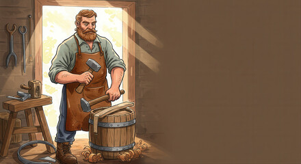 male cooper. Bearded man crafting a wooden barrel in a workshop environment  