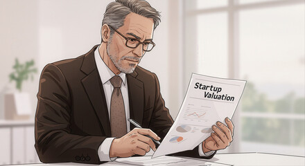 Elderly man reviewing startup valuation report while seated indoors. 