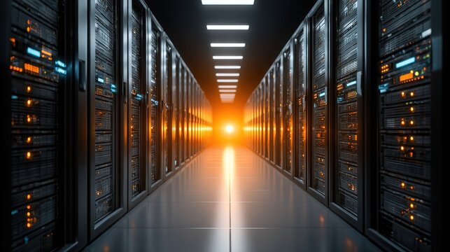 Data server corridor glows, rows of computing power hum in the dark