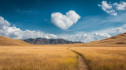 Fototapeta premium Golden meadow path under heart shaped cloud and distant mountains landscape nature