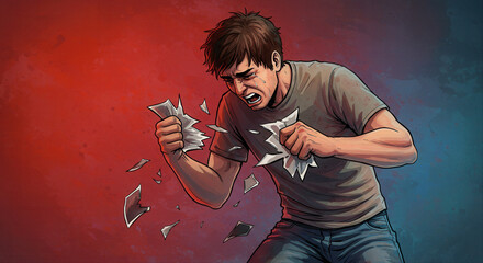 Young man breaking glass in a moment of frustration and anger. man tearing photo during breakup  