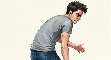 man turning away in frustration while wearing gray shirt and jeans  