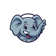 Friendly, cheerful cartoon elephant mascot logo with a raised trunk and a bright smile, featuring vibrant blue colors.