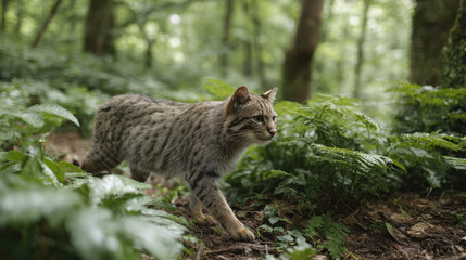 majestic wild cat prowls through lush green forest showcasing its natural grace and strength
