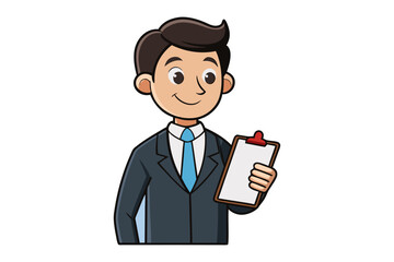 Smiling businessman in a suit holding a clipboard ready for business tasks and professional work