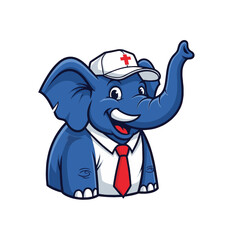 Friendly, cheerful cartoon elephant mascot logo with a raised trunk and a bright smile, featuring vibrant blue colors.