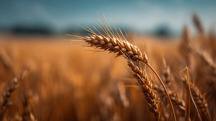 Fototapeta premium Golden wheat stalk with delicate awns against a blurred field grain harvest