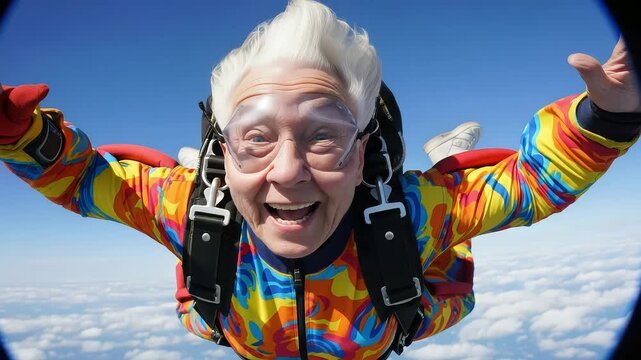 An elderly woman with a joyful expression, wearing goggles and a colorful jumpsuit, experiences the thrill of skydiving high above the clouds