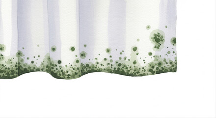 Shower curtain with green dots against a white background. mildew stains on shower curtain  