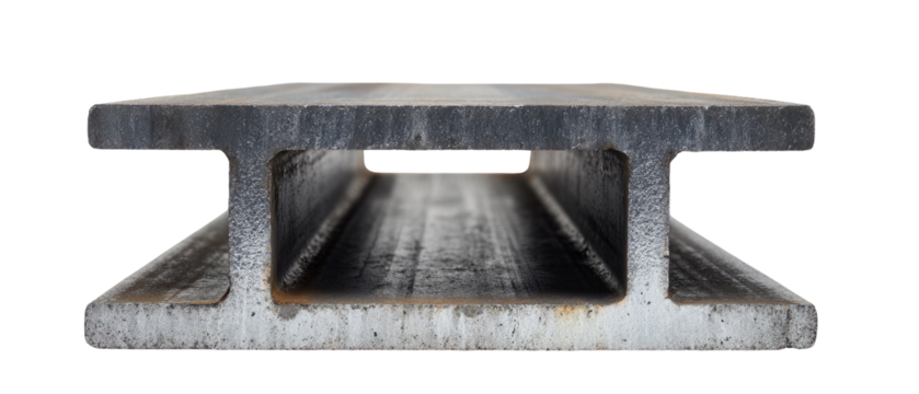 Close-up of a metal I-beam, showing a hollow interior