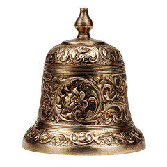 Antique ornate brass bell with intricate scrollwork and floral patterns isolated on transparent background