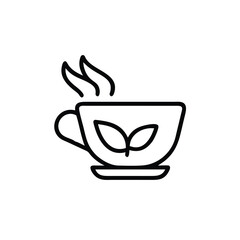 Outline herbal tea cup with leaves steam on leaf