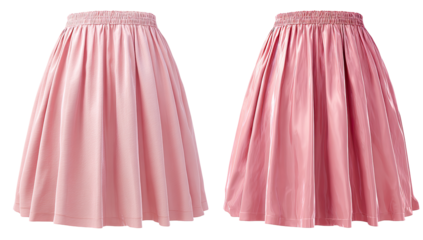 Two identical, light-pink velvet skirts, side-by-side, showcasing a full, pleated, midi-length silhouette with an elastic waistband