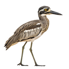 Obraz premium A standing juvenile Black-crowned Night Heron with distinctive plumage and yellow eyes. The bird displays a slender body and long legs, showcasing its unique features.