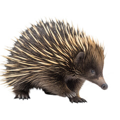 A close-up of an echidna, showcasing its spiky fur and distinctive snout. The animal is positioned against a black background, highlighting its unique features.