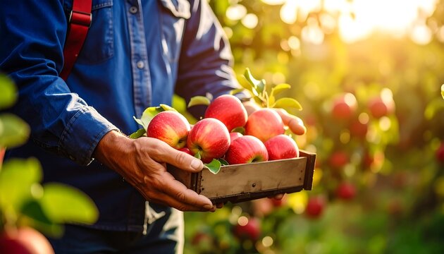 Close-up of a person holding a wooden crate filled with ripe red apples in an orchard. Sunlight streams through the trees - Powered by Adobe
