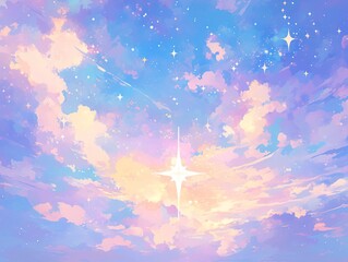 Obraz premium Celestial Gradient Background with Soft Blue Sky, Pale Yellow Clouds and Distant Stardust for Ethereal Designs