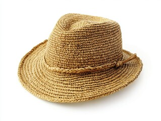 Woven straw sun hat isolated on white