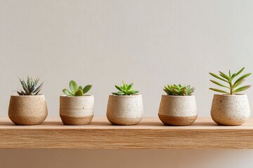 Fototapeta premium Collection of clay pots featuring baby succulents arranged on a wooden shelf indoors