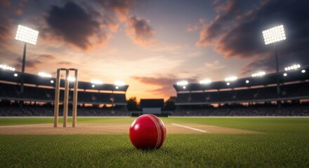 A red cricket ball rests on the field at sunset