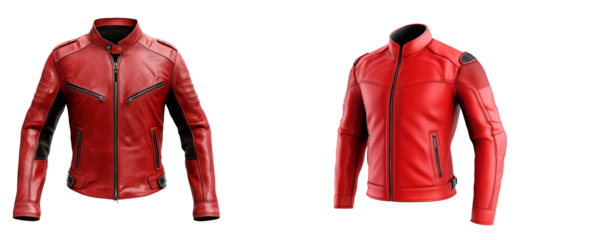 Two sleek, modern red leather motorcycle jackets with black accents are displayed on a white background, symbolizing fashion, motorcycle gear, safety apparel, and stylish riding attire for enthusiasts