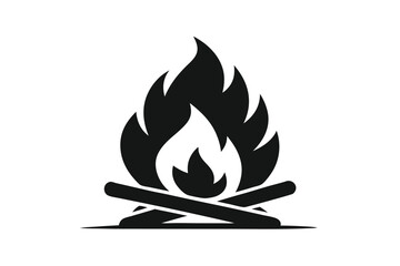 Simple Black and White Bonfire Icon Depicting Burning Wood and Flames