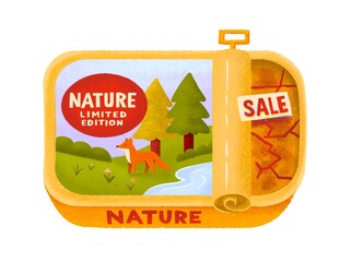 nature conservation awareness conceptual illustration canned environment forest landscape with fox and trees global warming metaphor climate crisis ecological protection biodiversity loss warning