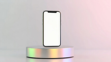 Smartphone display. Mockup of cellphone on a pedestal with white screen on gray and pink background. Digital device on stand. 176 characters.