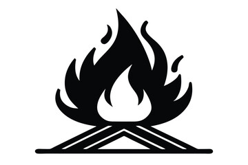 Stylized Black Campfire Icon with Flames and Wood Logs Silhouette Graphic