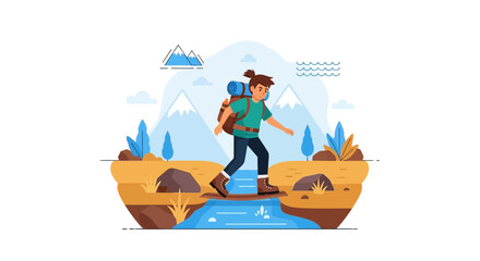 Adventurous Hiker Traversing Stream on Wooden Bridge Amidst Scenic Landscape