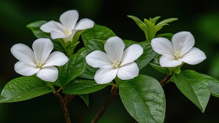 Obraz premium Four five-petaled white flowers on a twig, surrounded by glossy green leaves
